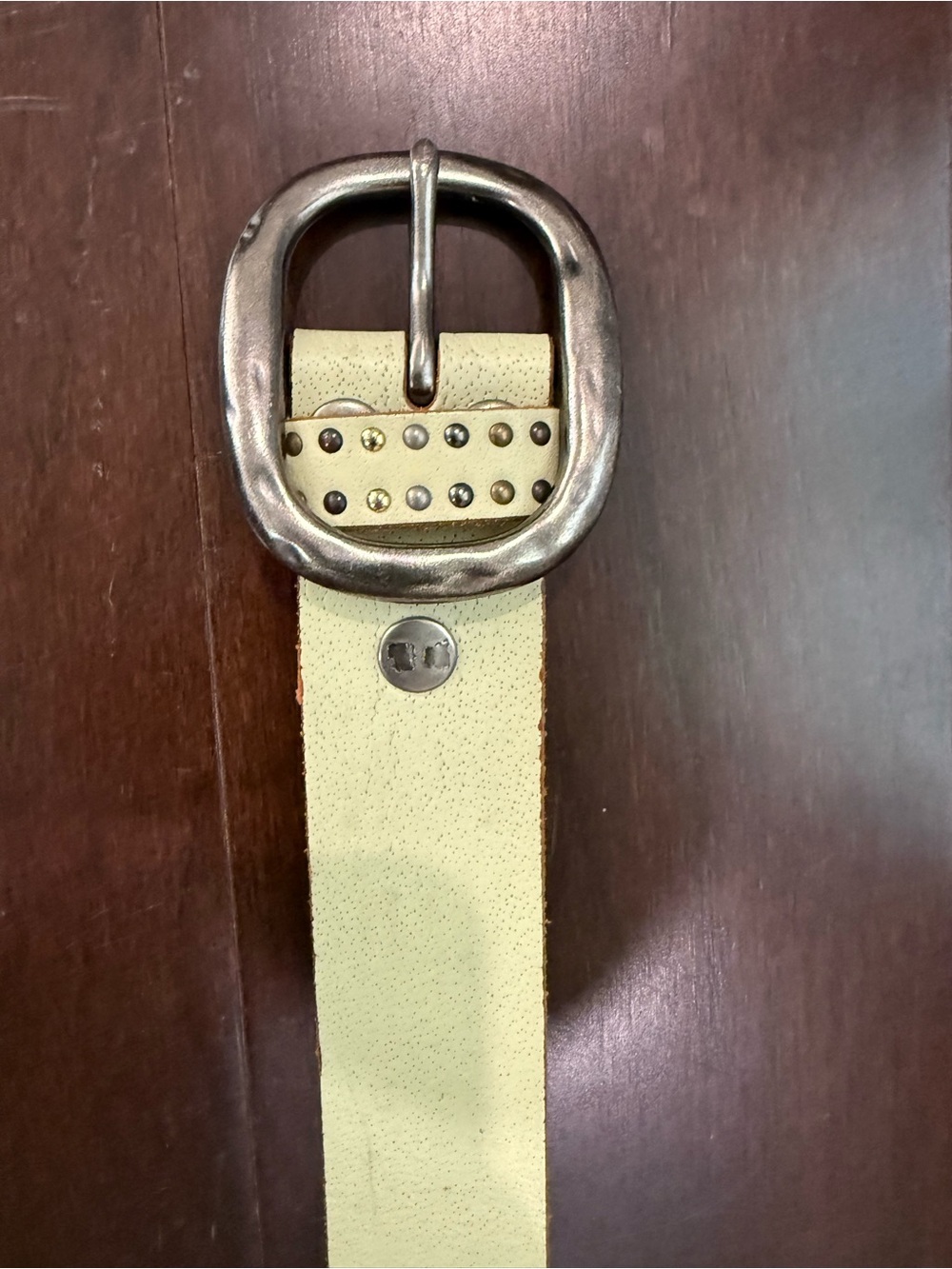 Bed Stu Jen Cream Leather Studded Belt with Antique Silver Buckle